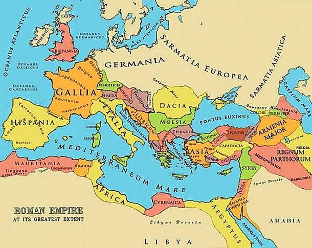 Photo A referenced map of the Roman Empire at its greatest extent.