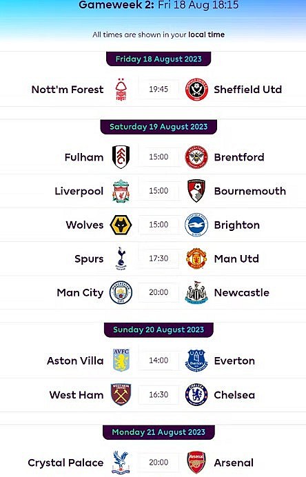 Premier League Gameweek 2 Fixtures