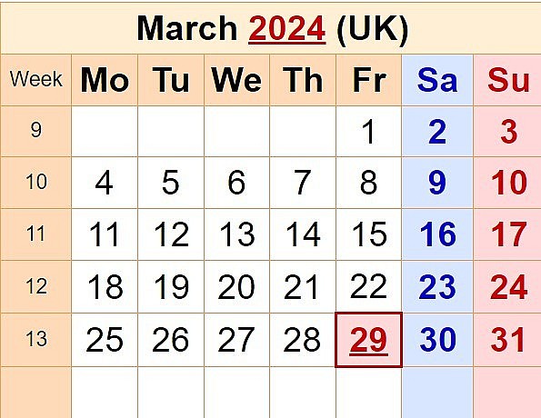March 2024 UK Calendar - Special Events and Full List Dates