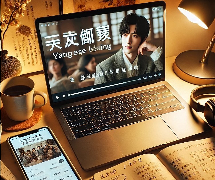 Chinese drama on a laptop with subtitles