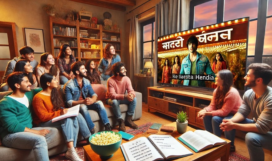 a cozy, interactive scene with young people watching a Bollywood movie together, complete with visible Hindi subtitles,