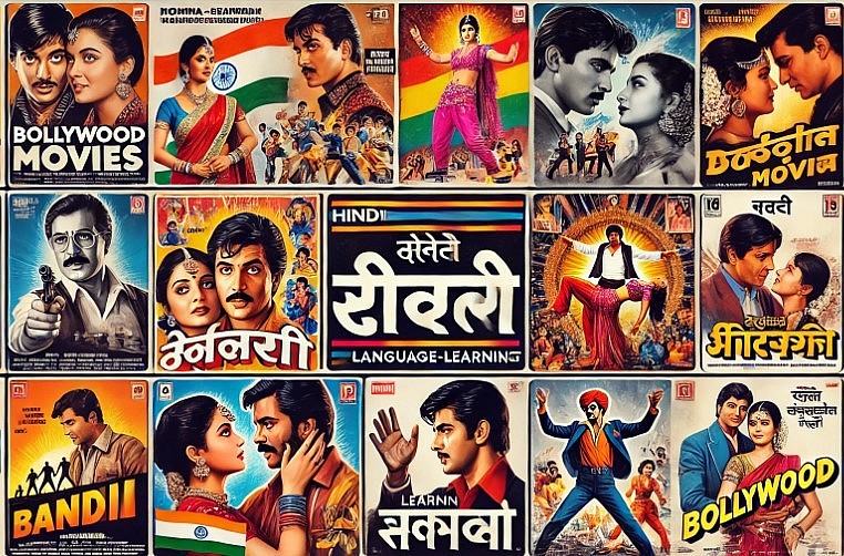 Bollywood movie posters from various genres, with Hindi subtitles emphasizing the language-learning aspect