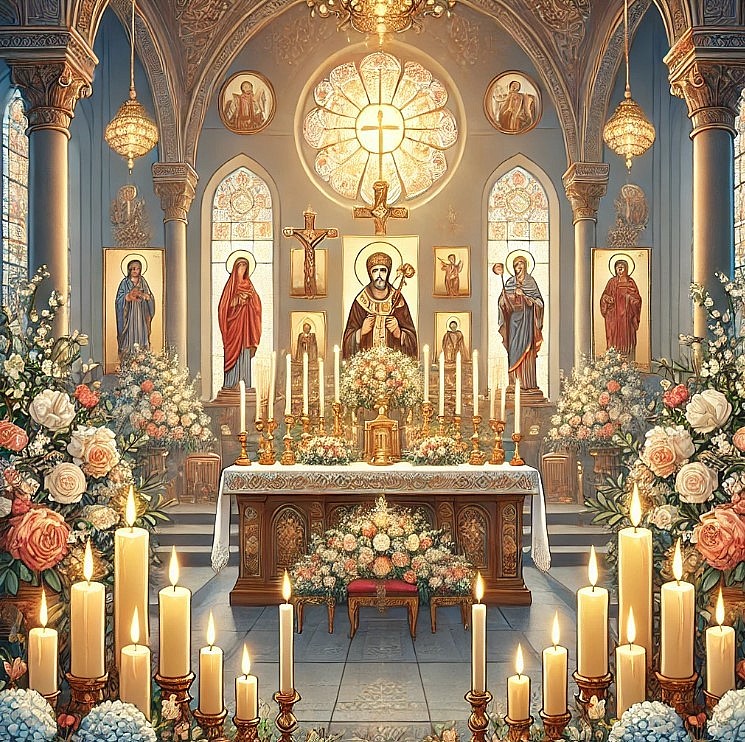 the illustration of a church altar prepared for All Saints' Day, featuring candles, flowers, and saints' icons.