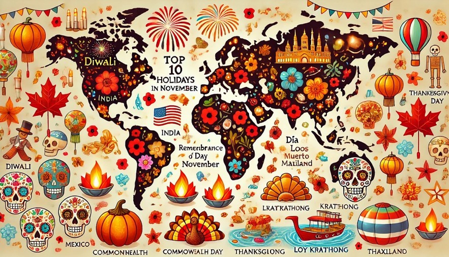 the world map illustration with icons representing major November holidays