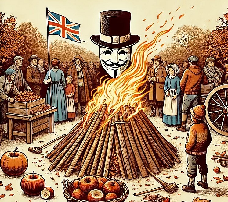 a traditional bonfire with an effigy of Guy Fawkes on top, surrounded by people in cozy attire and seasonal treats like toffee apples and roasted chestnuts.