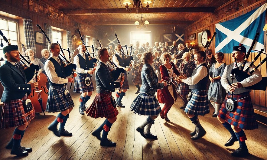 a cozy table setup for St. Andrew’s Day, filled with traditional Scottish dishes, tartan patterns, rustic decor, and a Saltire flag centerpiece