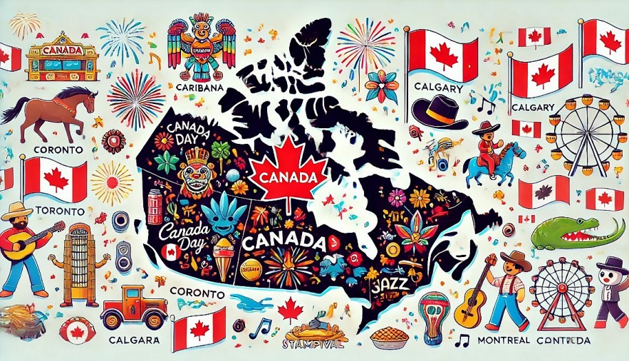 the stylized map of Canada featuring unique festival icons for each province, capturing the cultural diversity with vibrant, cartoonish illustrations of Caribana, the Stampede, the Jazz Festival, and more