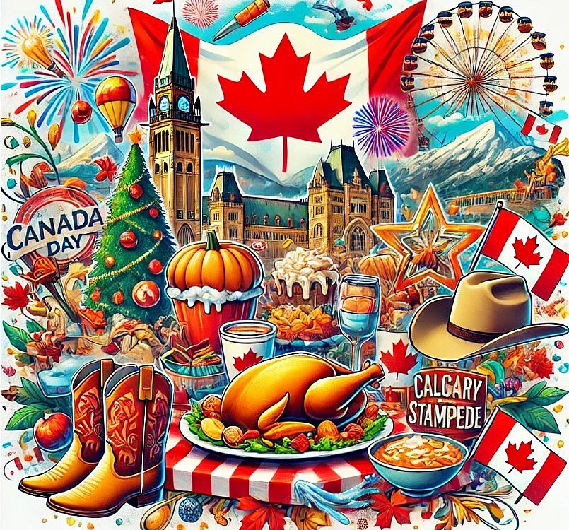 the essence of Canadian holiday traditions and symbols, blending Thanksgiving, Canada Day, Christmas, and the Calgary Stampede with a maple leaf motif for a distinctly Canadian feel.