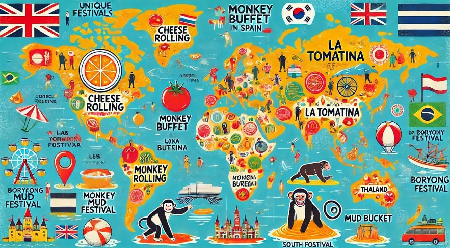 the vibrant, playful world map highlighting locations of unique festivals with quirky icons, each symbolizing a different event worldwide