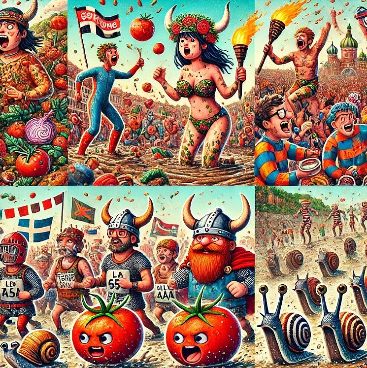 the surreal collage of festival scenes, capturing lively moments from unique global celebrations with a whimsical, colorful style