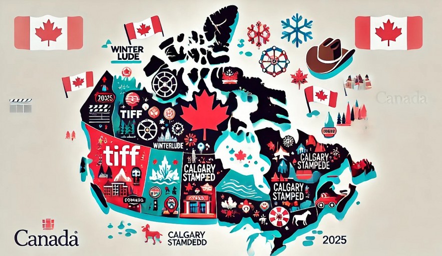 the illustrated map of Canada featuring various festival locations marked with themed icons and regional landscape details