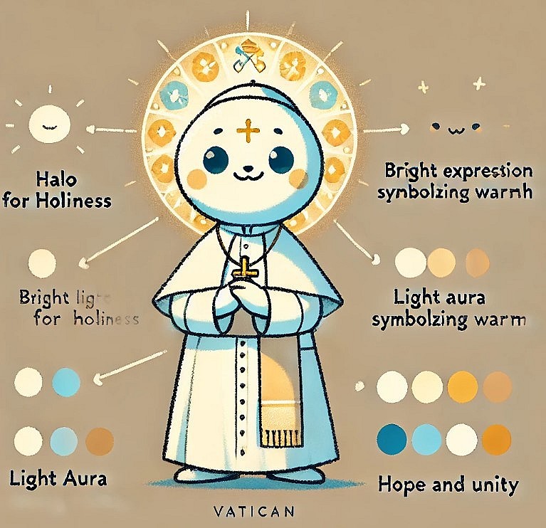 the illustration of Luce, the Vatican's mascot, with symbolic elements like the halo, light aura, and bright expression, accompanied by annotations to highlight their meanings