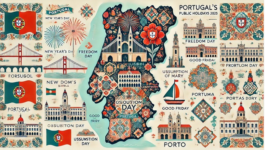 a stylized map of Portugal illustrating its key public holidays with cultural and historical symbols, such as fireworks for New Year’s Day in Lisbon, a red carnation for Freedom Day, and a Christmas tree for Porto