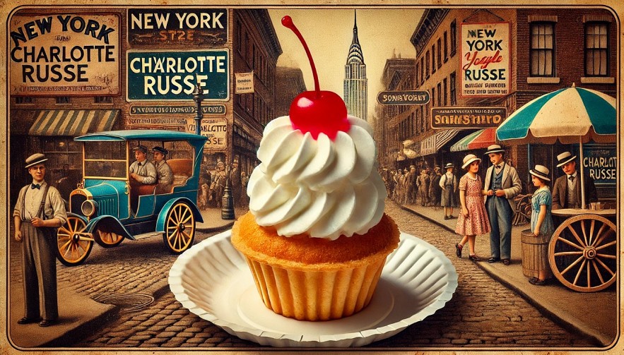 A nostalgic New York-style Charlotte Russe depicted as a street-side treat from the 1920s