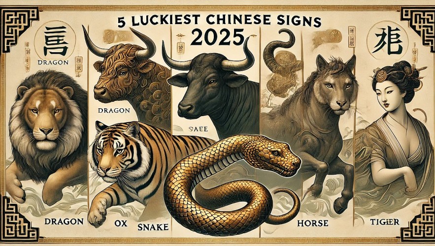 the five luckiest Chinese zodiac signs for 2025—Dragon, Ox, Snake, Horse, and Tiger