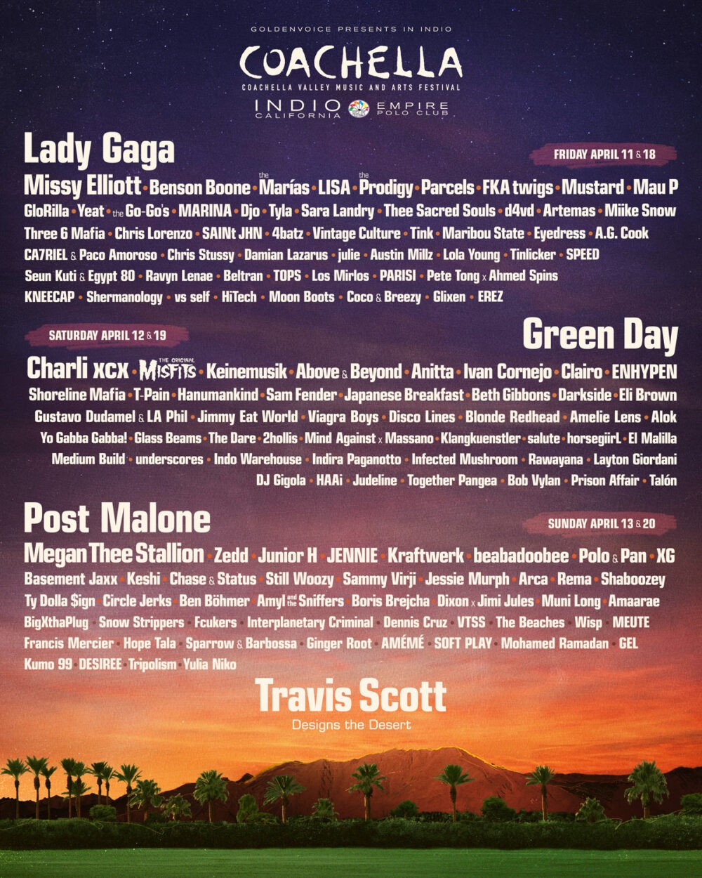 Coachella 2025 FULL line up: Lady Gaga, Green Day and Post Malone to Headline