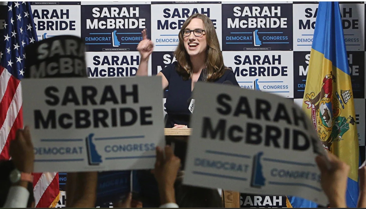 Sarah McBride speaks to supporters after winning the Democratic primary for US House of Representatives on September 10, 2024