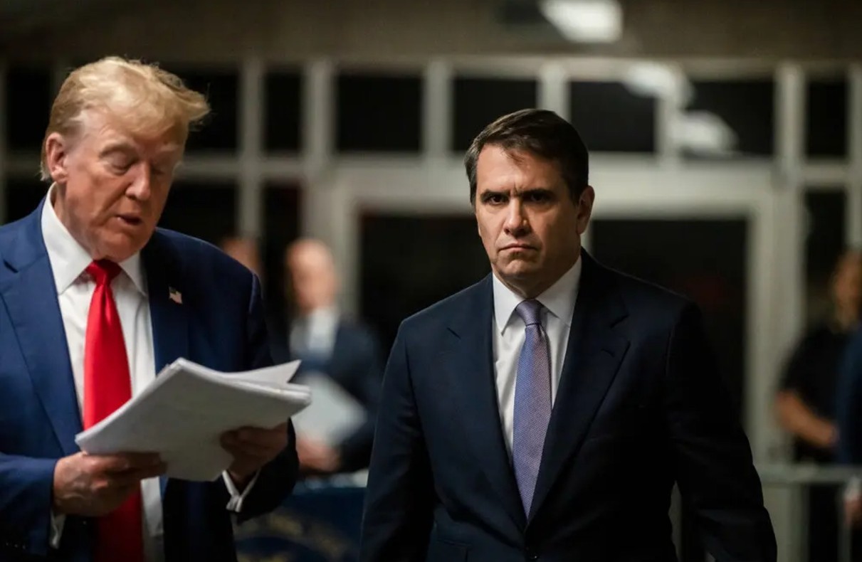 Donald J. Trump with Todd Blanche outside Manhattan Criminal Court, where Mr. Blanche was the president-elect’s defense lawyer in the hush money case.