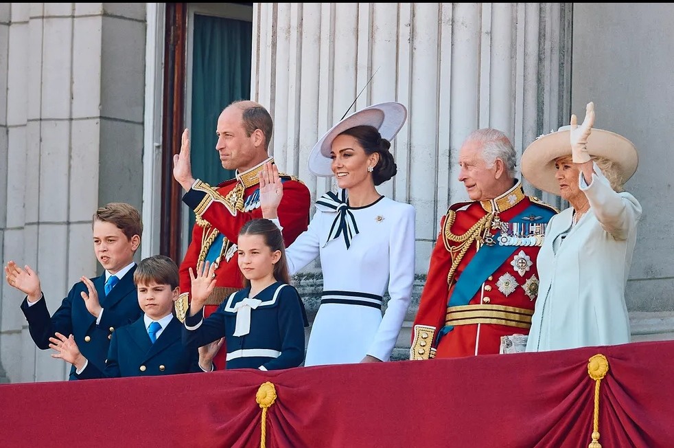 From left, Britain's Prince George of Wales, Prince William, Prince Louis, Princess Charlotte, Princess Kate, King Charles III and Queen Camilla