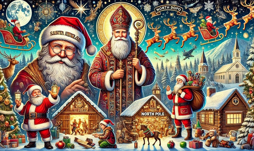 Santa Claus and elements of his mythological and historical origins.