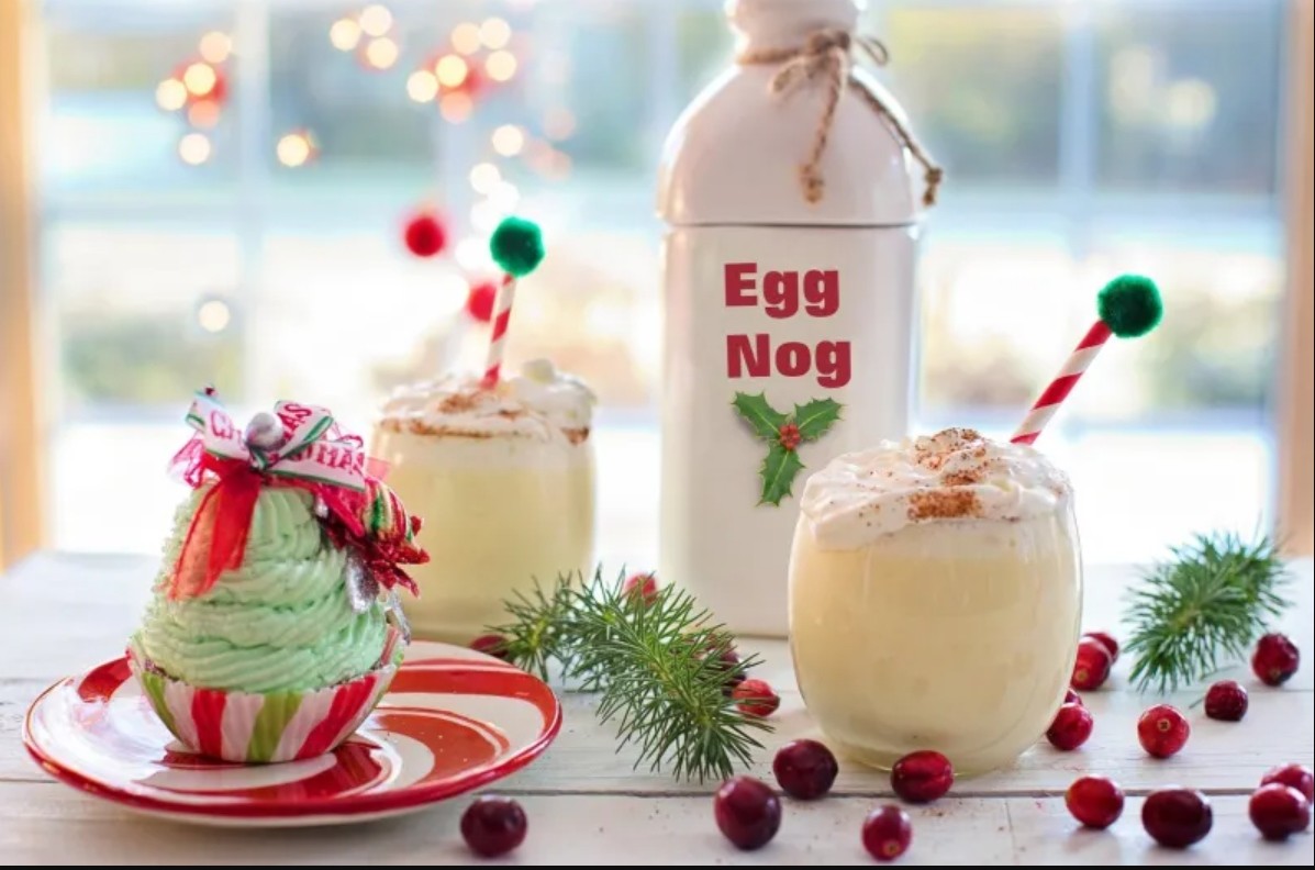 Eggnog is also homemade using milk, eggs, sugar, and flavorings, and served with cinnamon or nutmeg.