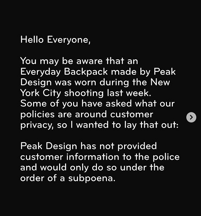 Peak Design denies snitching on Luigi Mangione