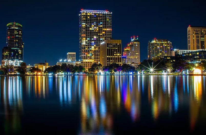 Florida skyline at night during Christmas on Lake Eola downtown