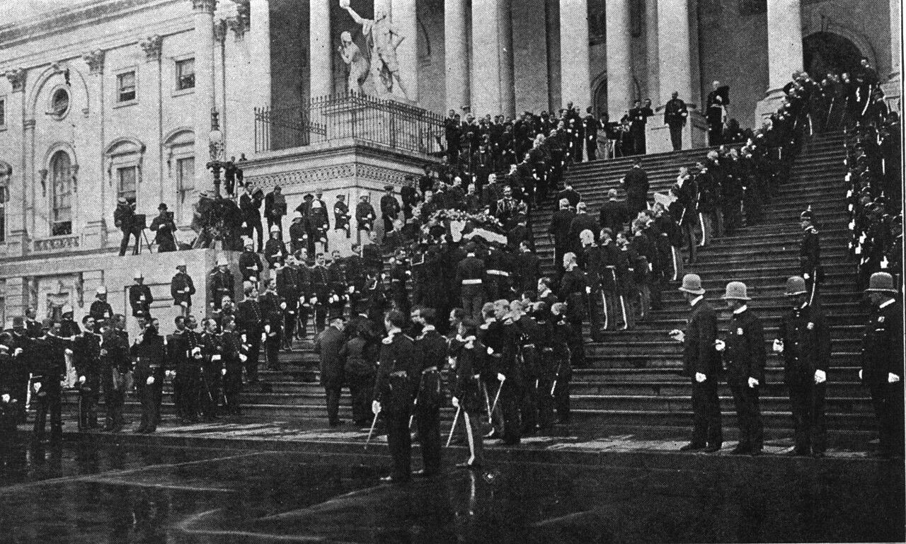 A guard of honor carrying the casket of William McKinley up the center steps of the Capitol for the lying in state on September 17, 1901