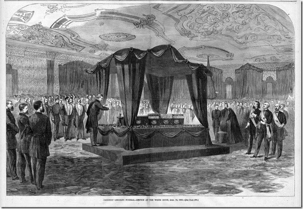 A Harper’s Weekly drawing depicting the remains of Abraham Lincoln lying in repose in the East Room of the White House on April 18, 1865.