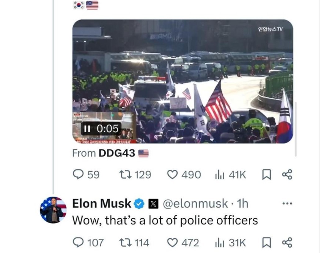 Elon Musk Responds to Supporters of Yoon Thwarting an Attempt at Arrest