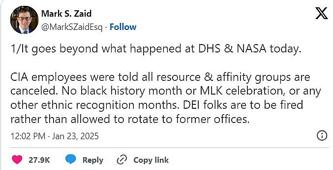 Mark S. Zaid - an attorney working on national security cases, claimed on X that Donald Trump, as part of his order to end DEI policies