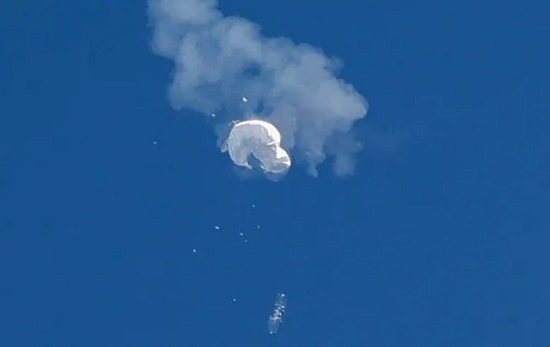 A Chinese spy balloon is shown being shot down off the coast of Surfside Beach, S.C., on Feb. 4, 2023