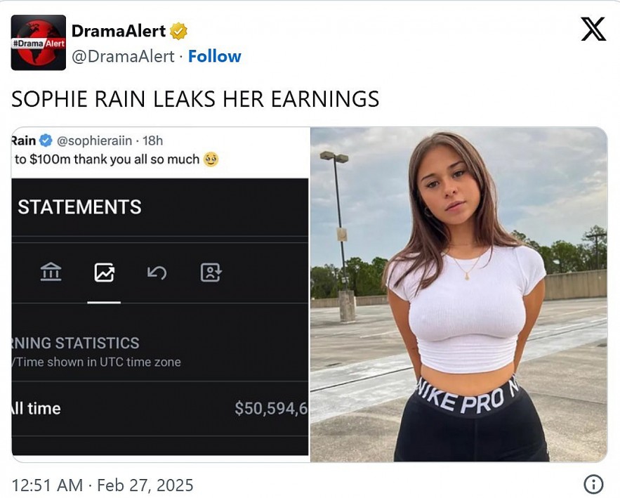 OnlyFans star Sophie Rain has earned over $50 million across platforms and aims for $100 million soon