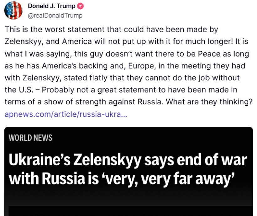 'America will not put up with it for much longer': Trump hits out at Zelenskyy again