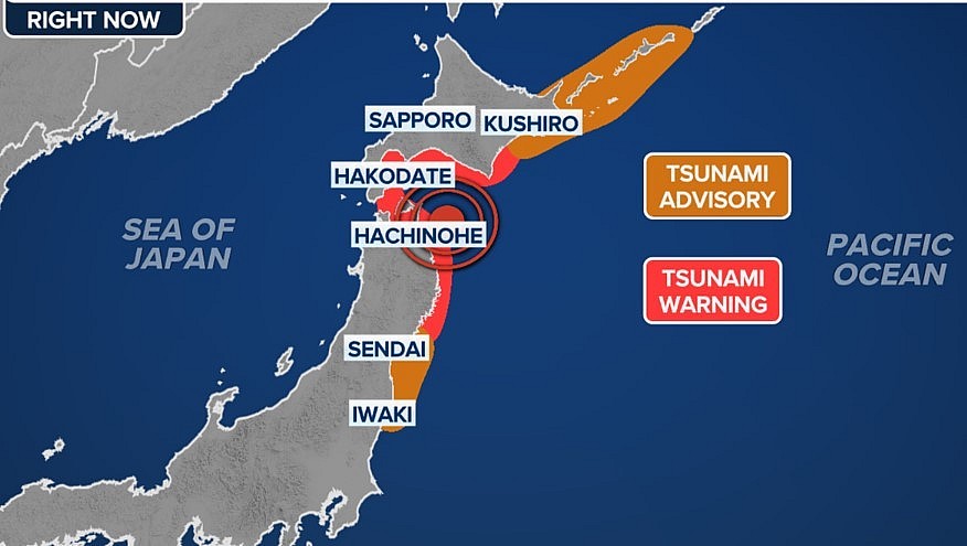 Japan's government issued a tsunami warning covering parts of the eastern coast of Honshu and Hokkiado.