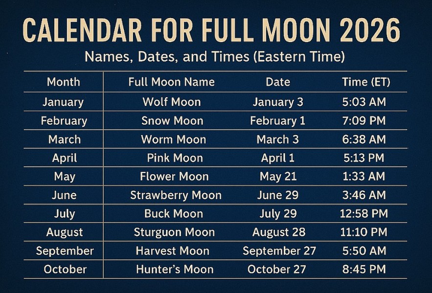 Calendar for Full Moon 2026: Names, Dates, Times, and Meanings