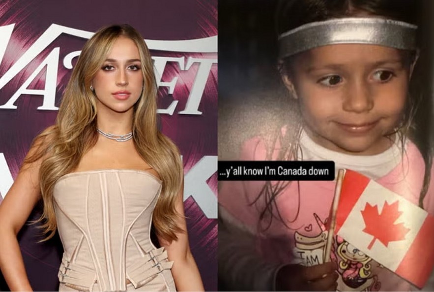 Canadian singer Tate McRae responded to backlash over appearing with Team U.S.A. in a commercial ahead of the 2026 Winter Olympics by sharing a picture of her as a child holding a Canadian flag (Getty Images/Instagram)