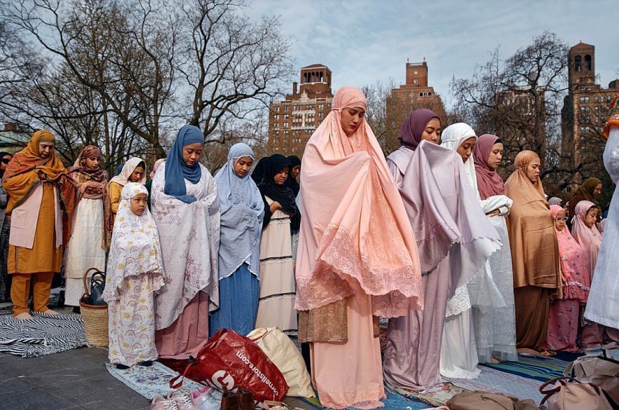 Muslims gather at Washington Square Park in New York for Eid al-Fitr prayers