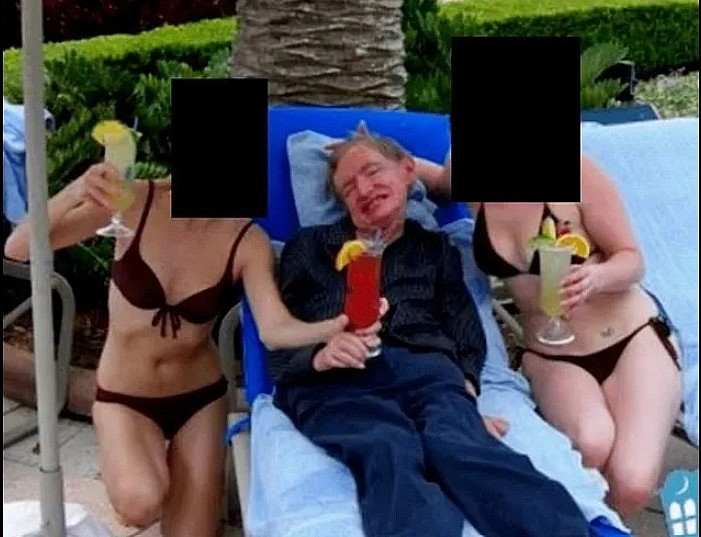 Professor Stephen Hawking was seen grinning from ear to ear as he sat between two bikini-clad women