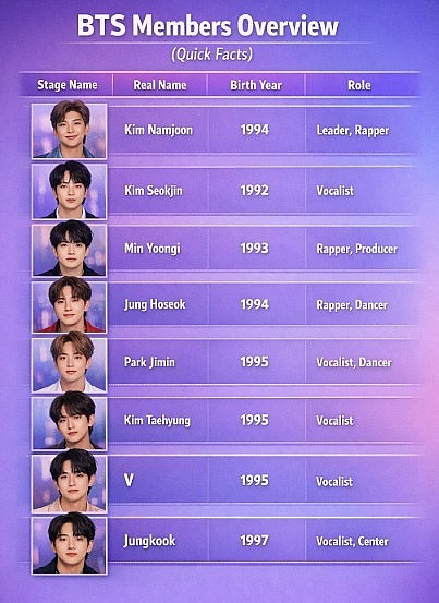 BTS Members Overview (Quick Facts)