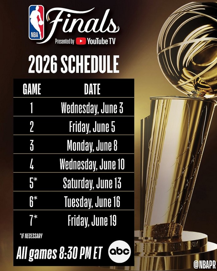 The NBA today announced the schedule for the NBA Finals 2026 presented by YouTube TV The NBA today announced the schedule for the NBA Finals 2026 presented by YouTube TV