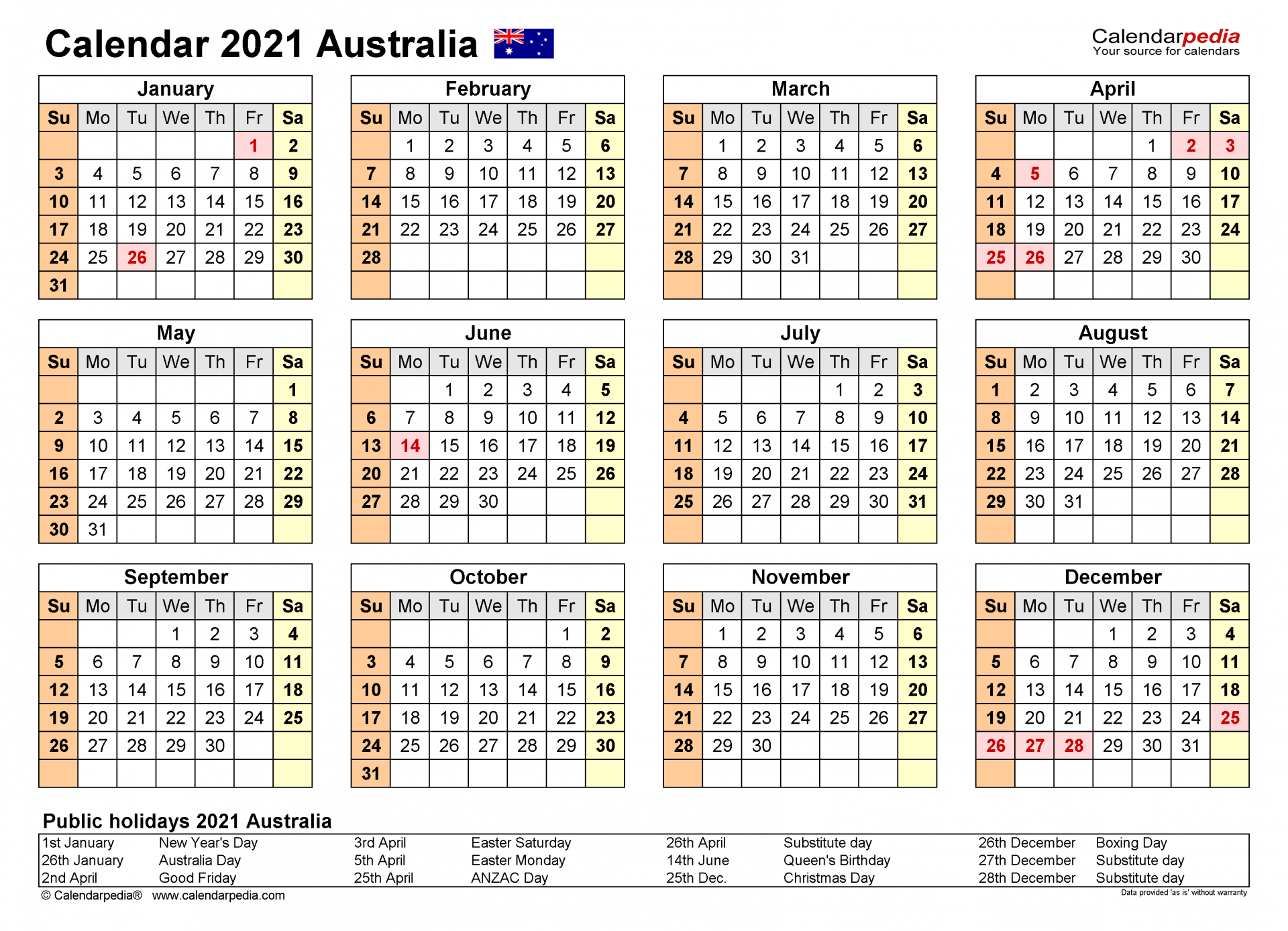 Calendar And List Of Public And Observances Holidays In Australia In 