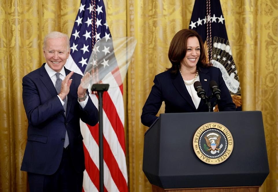 President Biden and Vice President Kamala Harris celebrate the signing of the Juneteenth National Independence Day Act into law, June 17, 2021. (Carlos Barria/Reuters)