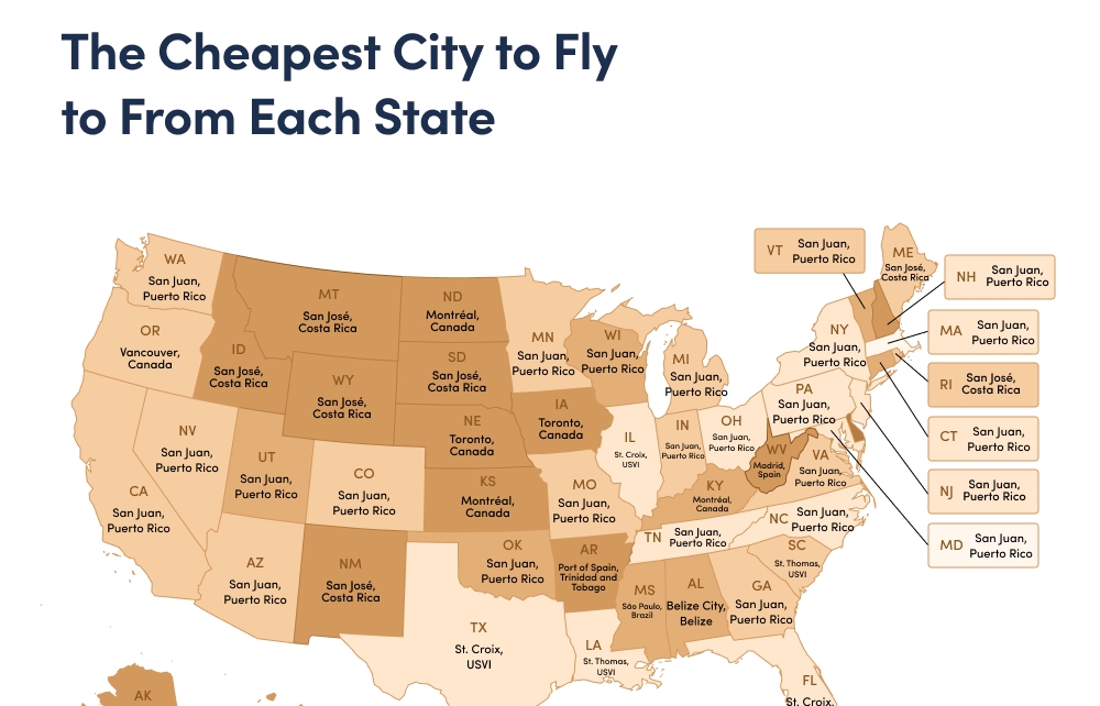 The Cheapest Place to Fly to From Each State in America