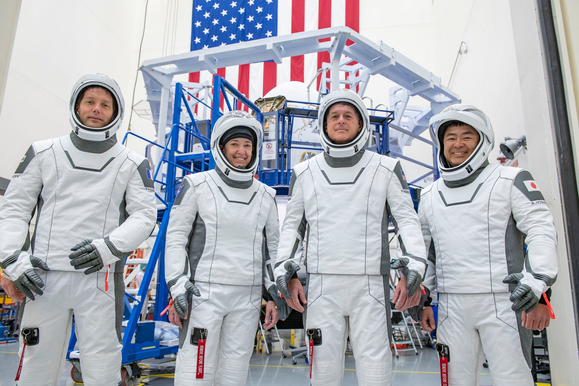 The crew for the second long-duration SpaceX Crew Dragon mission to the International Space Station, NASA’s SpaceX Crew-2, are pictured during a training session at the SpaceX training facility in Hawthorne, California. From left are, Mission Specialist T