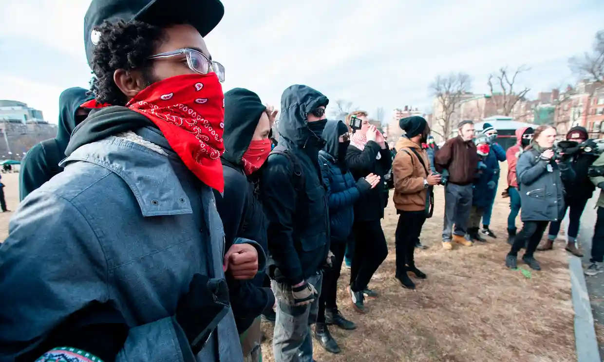Antifa members at the Women’s March in Boston, Massachusetts, on 19 January 2019. Photograph: Joseph Prezioso/AFP/Getty Images.