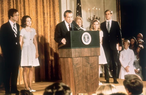 Richard Nixon at the White House with his family following his resignation as president, 9 August 1974. (Photo by Keystone/Hulton Archive/Getty Images)