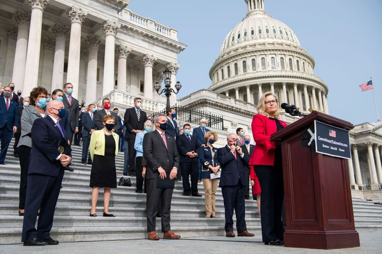 Republican Conference Chair Liz Cheney at a news conference on the steps of the Capitol, September 2020. TOM WILLIAMSGETTY IMAGES