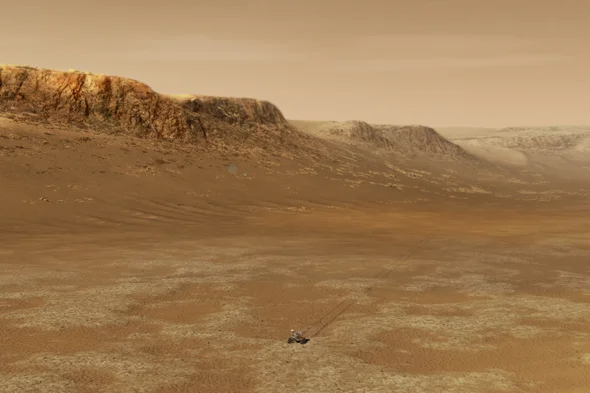 An illustration of NASA’s Perseverance rover at work within Mars’ Jezero Crater. Credit: NASA and JPL-Caltech