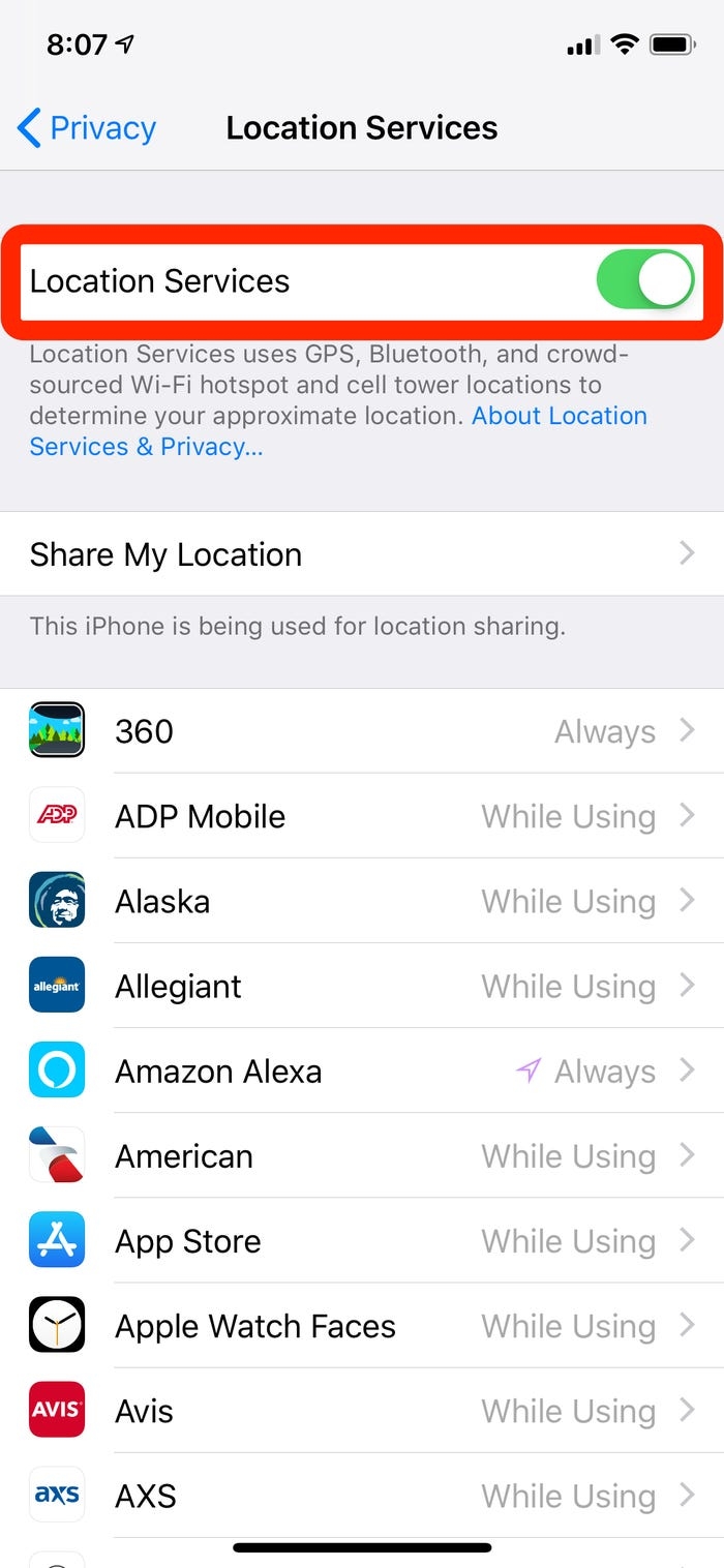 The Location Services switch is found at the top of the page. Dave Johnson/Business Insider